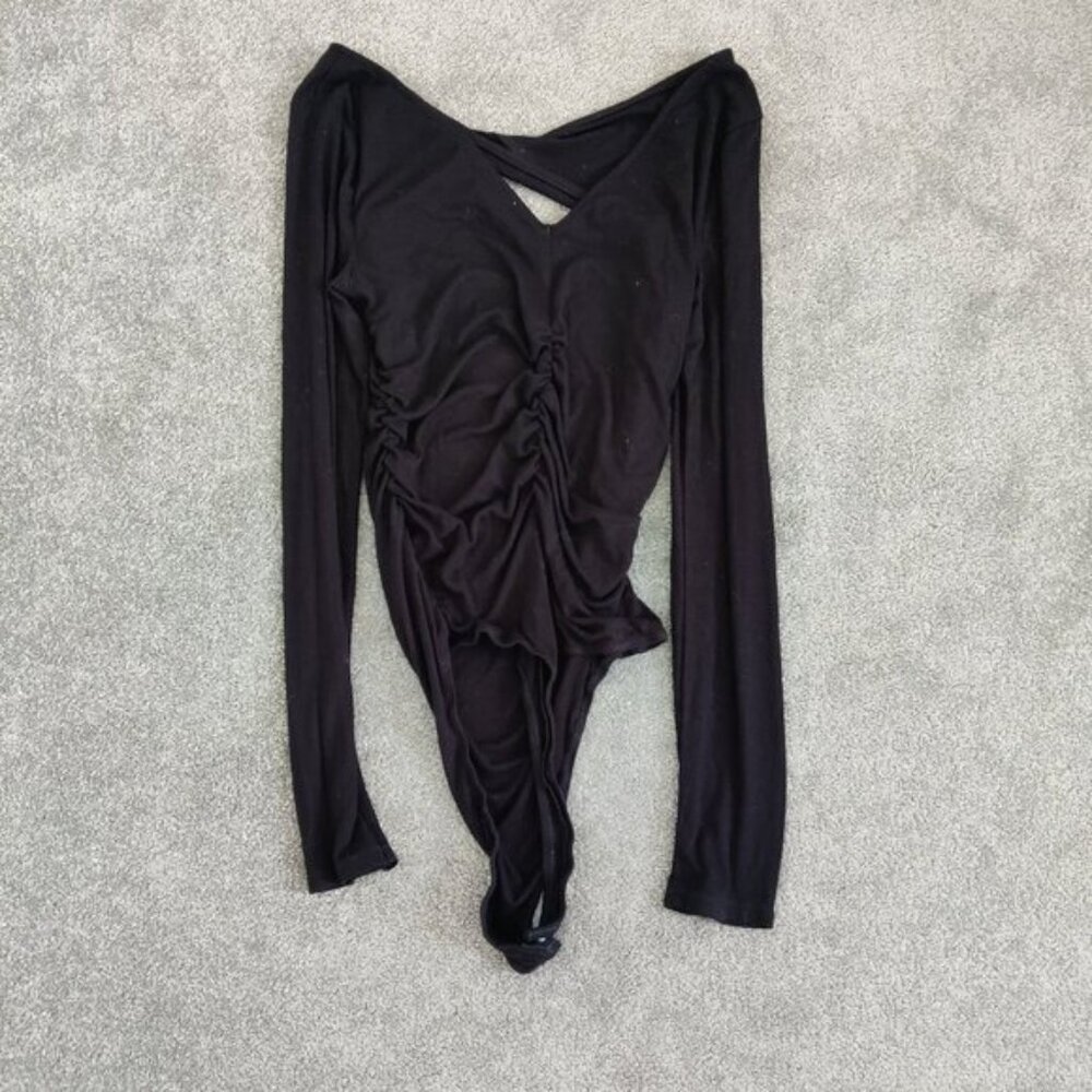 ASTR Womens Ruched Black Bodysuit Size Medium Comfy Casual